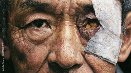 Mature Asian Man with Taped Eye Injury Looking Ahead