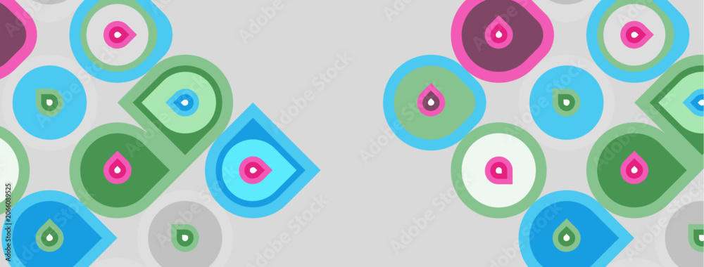 Fototapeta premium Abstract pattern features colorful circles, teardrops. Shapes overlap, creating playful visual texture. Light gray background enhances vibrant hues.