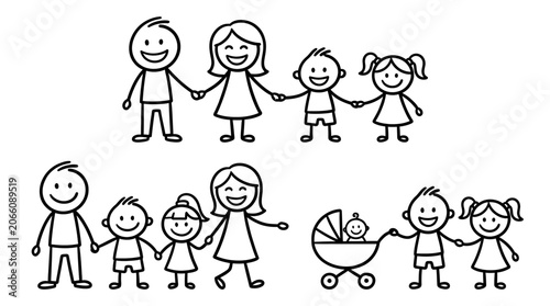 Stick figure family set featuring parents kids and infant in carriage drawing