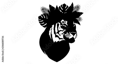 Fotografie Tiger Head Silhouette with Tropical Leaves Crown