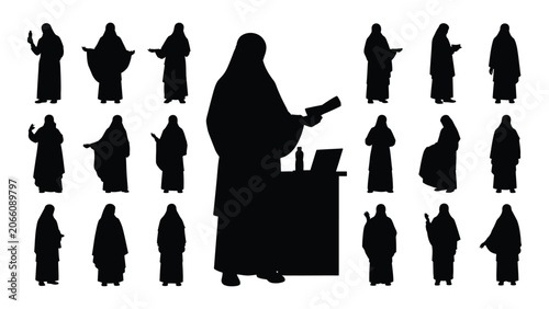 Collection of monk silhouettes in various poses with one figure seated at a desk white background silhouette abbot brother cloister