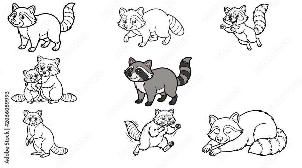 Fototapeta premium Raccoon vector illustration set. Collection of cute line art and colored raccoon characters in various poses—standing, running, jumping, sleeping, and a parent with a baby kit. Isolated.