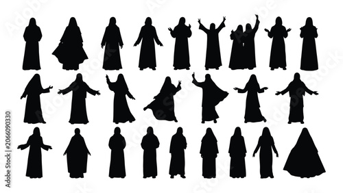 Cuadro en lienzo Collection of black silhouette figures in various poses and draped clothing a di