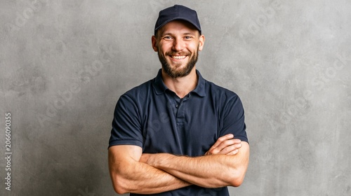 Happy Man in Navy Polo Shirt and Cap Standing with Arm Raised