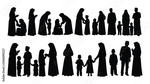 Fotografie Group of people in traditional clothing black silhouette against a white backgro