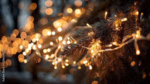 Dreamy Christmas Lights on Pine with Bright Warm Bokeh