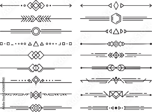 Sophisticated set of thin line geometric dividers with arrows triangles and abstract frames for modern document design and page decoration elements created in monochrome vector format style.