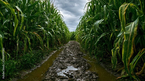 Lush Maize Field with Green Stalks on Cloudy Day Pathway View