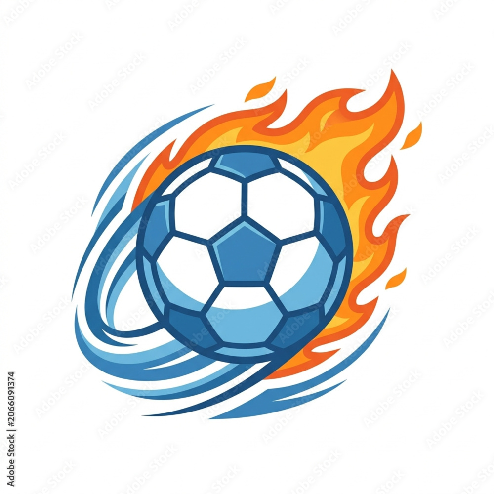 Fototapeta premium Soccer ball on fire with blue swirling effects.