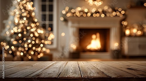 Warm Holiday Scene with Soft Golden Fairy Lights and Fireplace Glow