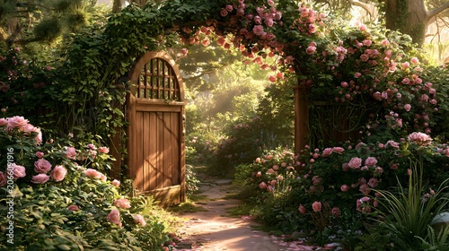 Luxurious Garden Path with Wooden Gate and Blooming Flowers
