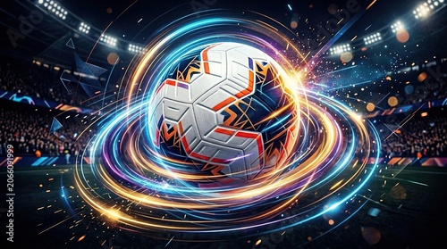 Soccer ball with glowing energy rings in stadium