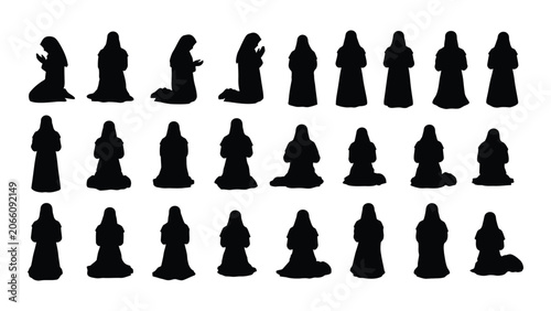 Photos Collection of kneeling women in traditional garments black silhouette against a