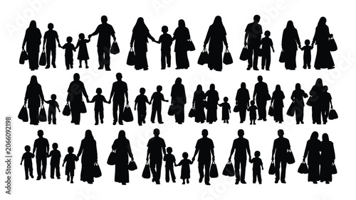 Bilde på lerret Collection of family silhouettes carrying shopping bags black shapes on a white