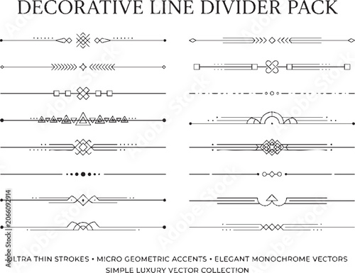 Minimalist geometric line dividers collection including linear strokes with micro elements symmetrical borders art deco separators thin vector design set for luxury stationery wedding invitations.