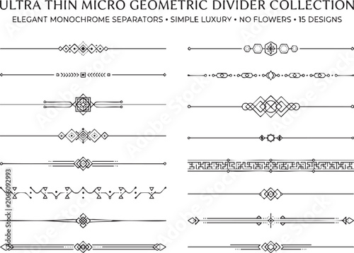 Ultra thin micro geometric divider collection elegant monochrome separators simple luxury no flowers 15 designs clean modern vector graphic elements for borders and decorations.