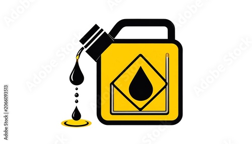 Yellow jerrycan pours liquid. Drip falls. Can has a dark drop symbol outlined in silver within a diamond