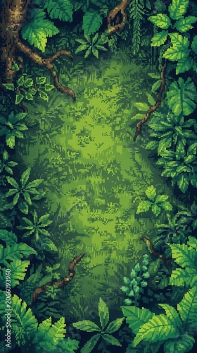 Dense Tropical Jungle Foliage with Sunlit Vines and Lush Green Leaves - Pixel Art 