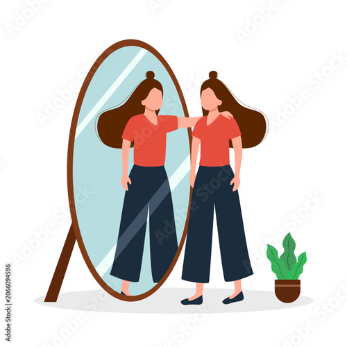 Εκτύπωση καμβά Woman with high self-esteem looks in mirror and sees reflection, as metaphor for self-love