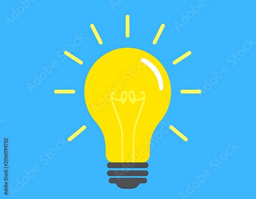 Yellow lightbulb with radiating lines on light blue background