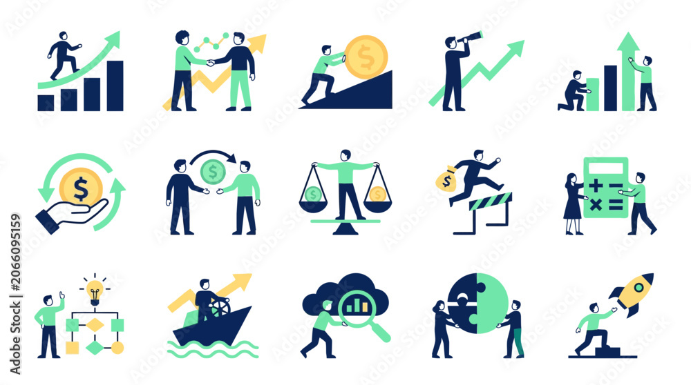 Fototapeta premium Business icons showing entrepreneurs and managers working on growth strategy, startup success and data analysis, perfect for corporate presentations, financial reports and website design