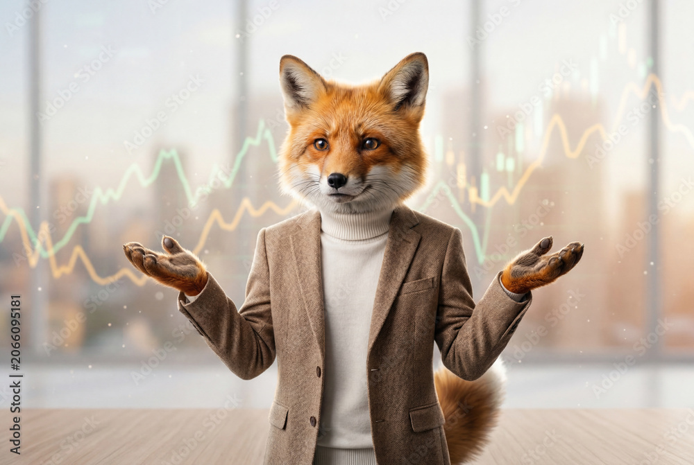 Obraz premium Anthropomorphic fox wearing formal brown suit in modern office