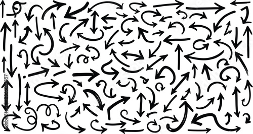 Hand drawn arrow collection diverse black sketch arrows pointing in all directions on white background