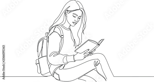 Student with backpack reading book line art illustration educational concept