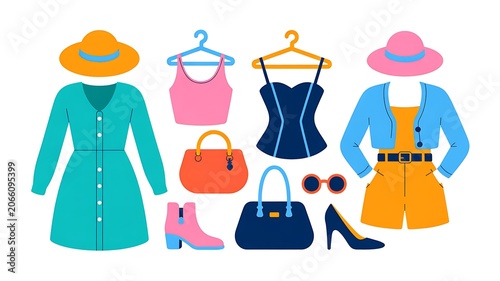 Vibrant fashion items on display including clothes and accessories