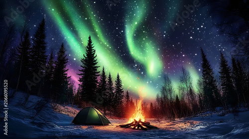 North lights, tent, wild night view.