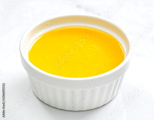 Yellow liquid in a white bowl