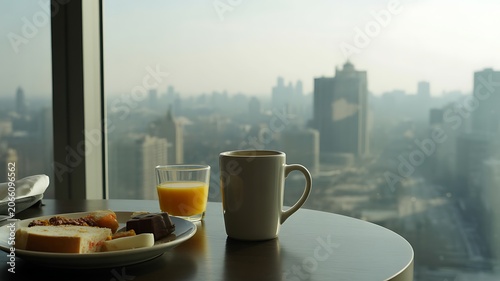 Breakfast on a high-rise apartment balcony overlooking a cityscape with a plate of food and beverages
