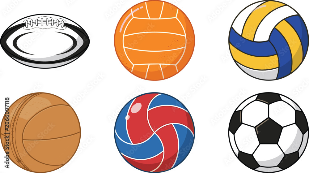 Obraz premium Colorful Sports Ball Vector Icon Set Featuring Rugby, Football, Basketball, Volleyball, and Soccer Vectors for Team Mascots, School Tournaments, and Athletic Club Graphic Designs