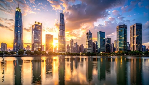 Stunning city skyline at sunrise, with massive skyscrapers casting clear, golden reflections across the calm surface of a wide river.