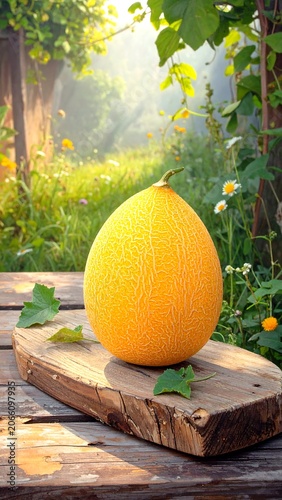 Yellow melon on wooden board, garden background