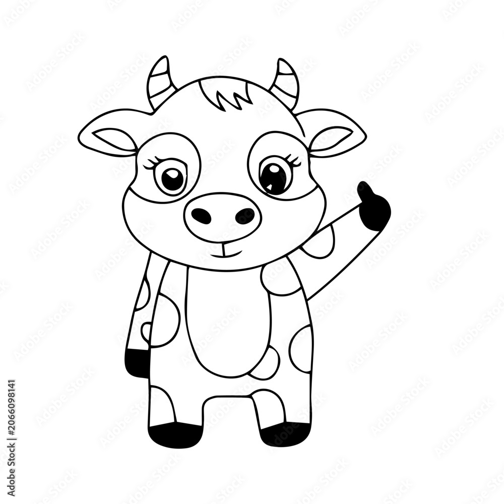 Obraz premium Black white animal pose. A cute baby cow with different pose and activity cartoon design. Coloring book for presschool