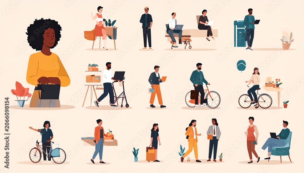 Fototapeta premium Flat, stylized illustration set showing diverse people engaging in daily activities like working, commuting, shopping, and riding bicycles.