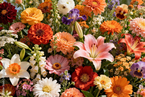 Abundant floral background with blooming colorful flowers in maximalism style, beautiful spring bouquet pattern with peony and lily oil painting texture