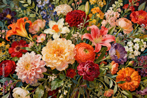 Abundant floral background with blooming colorful flowers in maximalism style, beautiful spring bouquet pattern with peony and lily oil painting texture