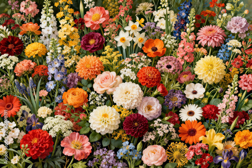 Abundant floral background with blooming colorful flowers in maximalism style, beautiful spring bouquet pattern with peony and lily oil painting texture