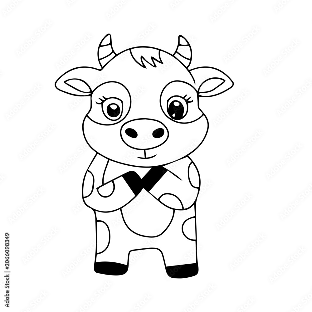 Obraz premium Black white animal pose. A cute baby cow with different pose and activity cartoon design. Coloring book for presschool