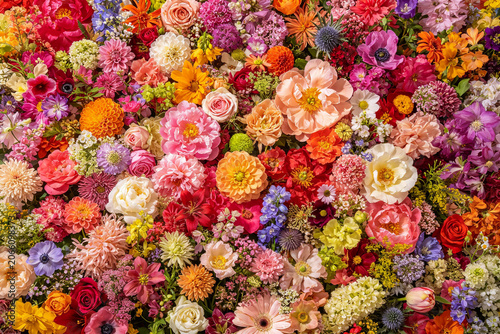 Abundant floral background with blooming colorful flowers in oil painting style, dense summer bouquet pattern with peony and rose luxury wallpaper