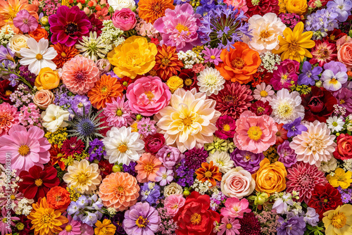 Abundant floral background with blooming colorful flowers in oil painting style, dense summer bouquet pattern with peony and rose luxury wallpaper