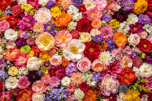 Abundant floral background with blooming colorful flowers in oil painting style, dense summer bouquet pattern with peony and rose luxury wallpaper