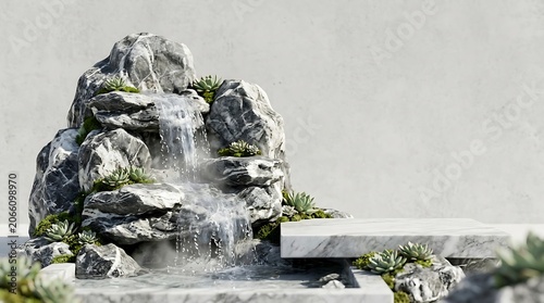 Zen stone waterfall with succulents and a marble podium