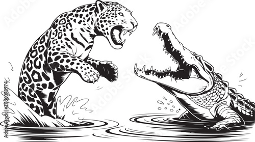 Jaguar attacking crocodile near water