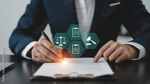 Businessman signs legal document with law symbols on table indoors