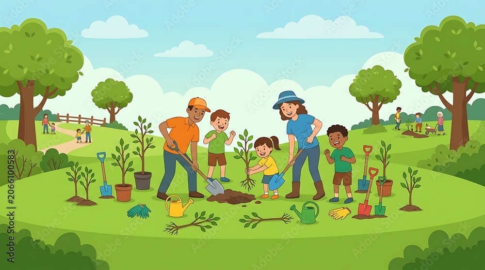 Naklejka premium Happy diverse group of people and kids planting trees in a park