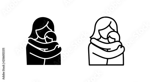Obraz na plátně Mother hugging child icon set, solid and outline vector illustration, parenting