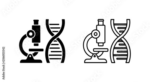 Laboratory microscope and DNA strand icons with microscope genetics research